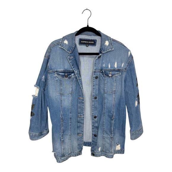 Express Distressed Blue Denim Rose Embroidered Jacket - S/XS - Picture 1 of 11